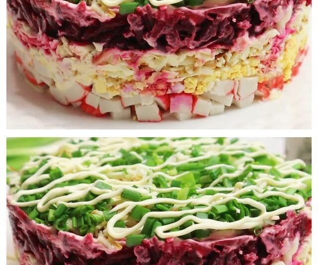 Velykinės salotos „Karnavalas“ su krabų lazdelėmis