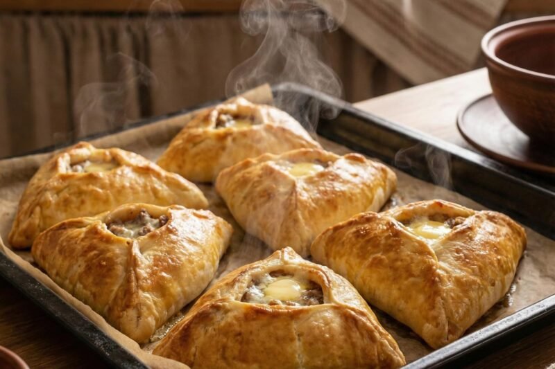 Sultingi trikampiai su mėsa ir bulvėmis