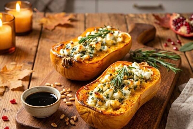 Keptas sviestinis moliūgas su feta ir džiovintais pomidorais