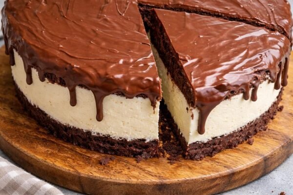 Šokoladinis sūrio pyragas su kremine tekstūra ir ganache glaistu