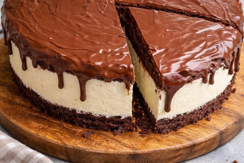 Šokoladinis sūrio pyragas su kremine tekstūra ir ganache glaistu