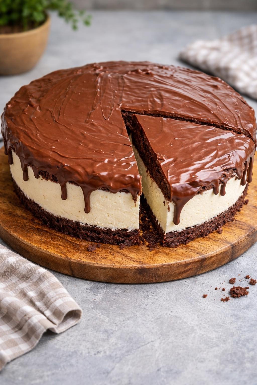 Šokoladinis sūrio pyragas su kremine tekstūra ir ganache glaistu