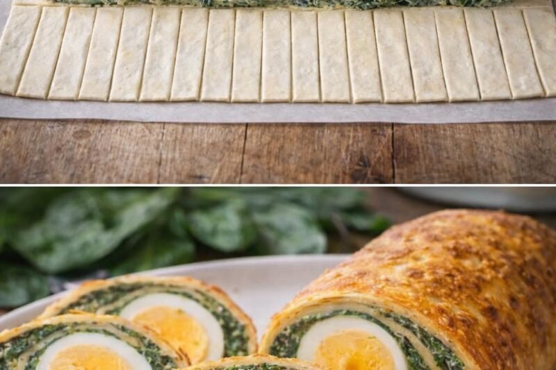 Sluoksniuotos tešlos suktinukas su kiaušiniais ir špinatais