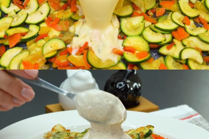 Cukinijų ir daržovių apkepas su mocarela ir česnakiniu padažu