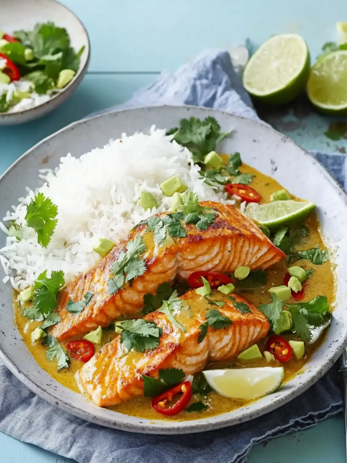 Lašiša su raudonuoju kariu, kokosų pienu ir kalendra