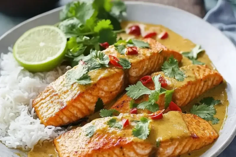 Lašiša su raudonuoju kariu, kokosų pienu ir kalendra