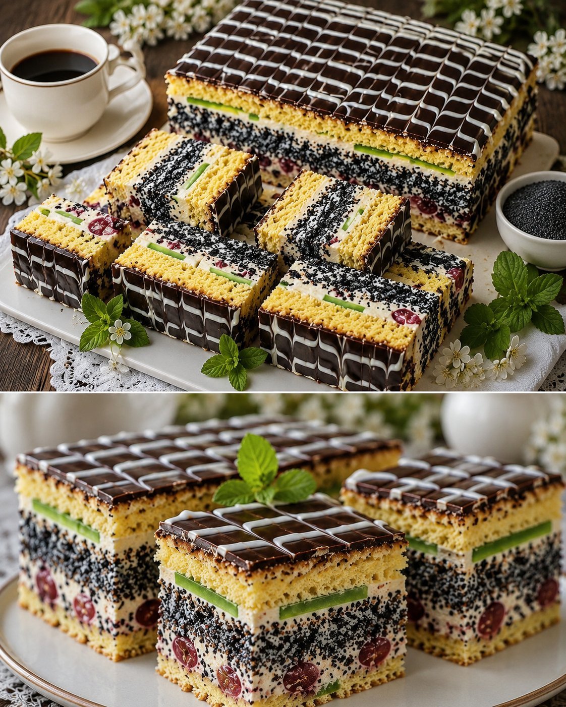 Tortas, kuris atrodo kaip iš brangios konditerijos: purus biskvitas, aguonų sluoksnis ir švelnus vanilinis kremas