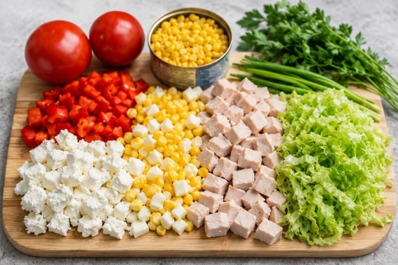 Salotos su rūkyta vištiena ir feta, kurias paruošiu vos per 10 minučių: sultingos, ryškios ir labai gardžios
