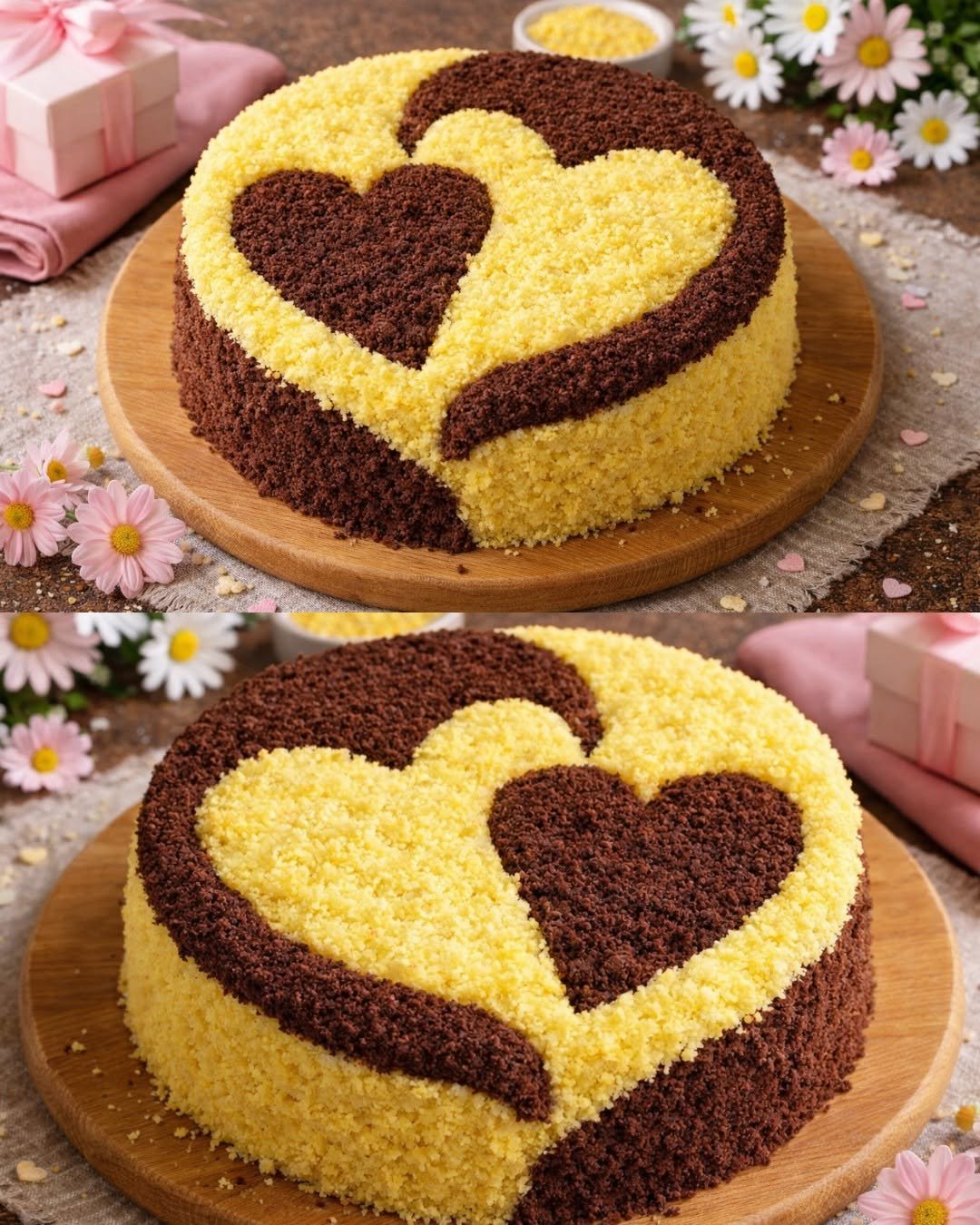 Dviejų spalvų tortas „Širdelės“ su maskarponės kremu