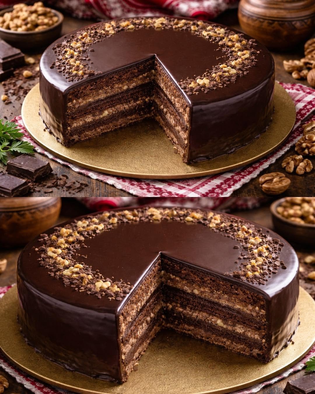 Tortas „Garažas“ su graikiniais riešutais ir sodriu šokoladiniu kremu