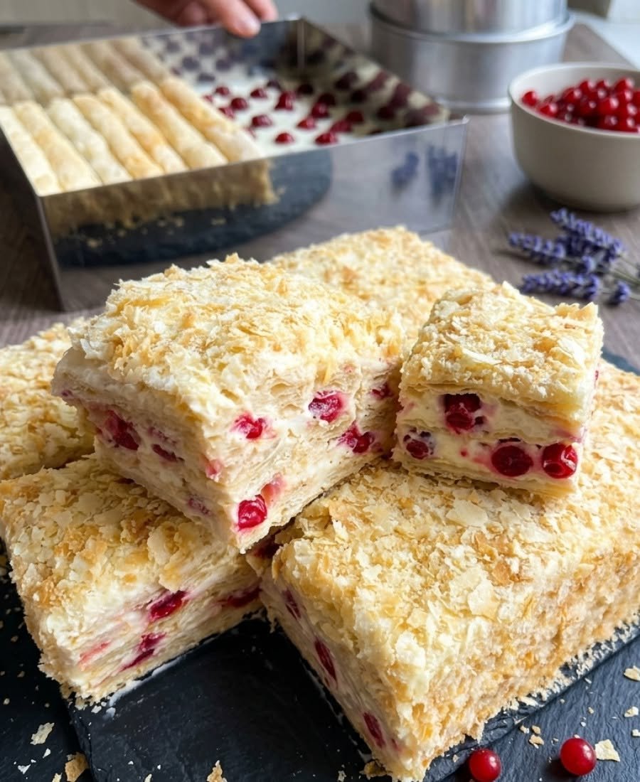 „Napoleono“ tortas su plikytu kremu ir vyšniomis