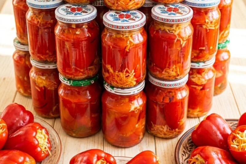 Pipirai, įdaryti kopūstais pomidorų užpyle žiemai