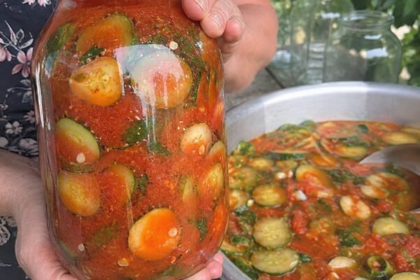 Agurkai pomidorų padaže su česnaku žiemai – traškus ir aromatingas užkandis