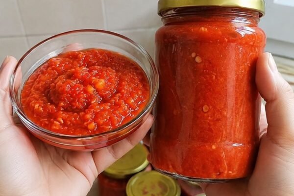Naminė adžika žiemai su pomidorais, paprika, obuoliais ir česnaku