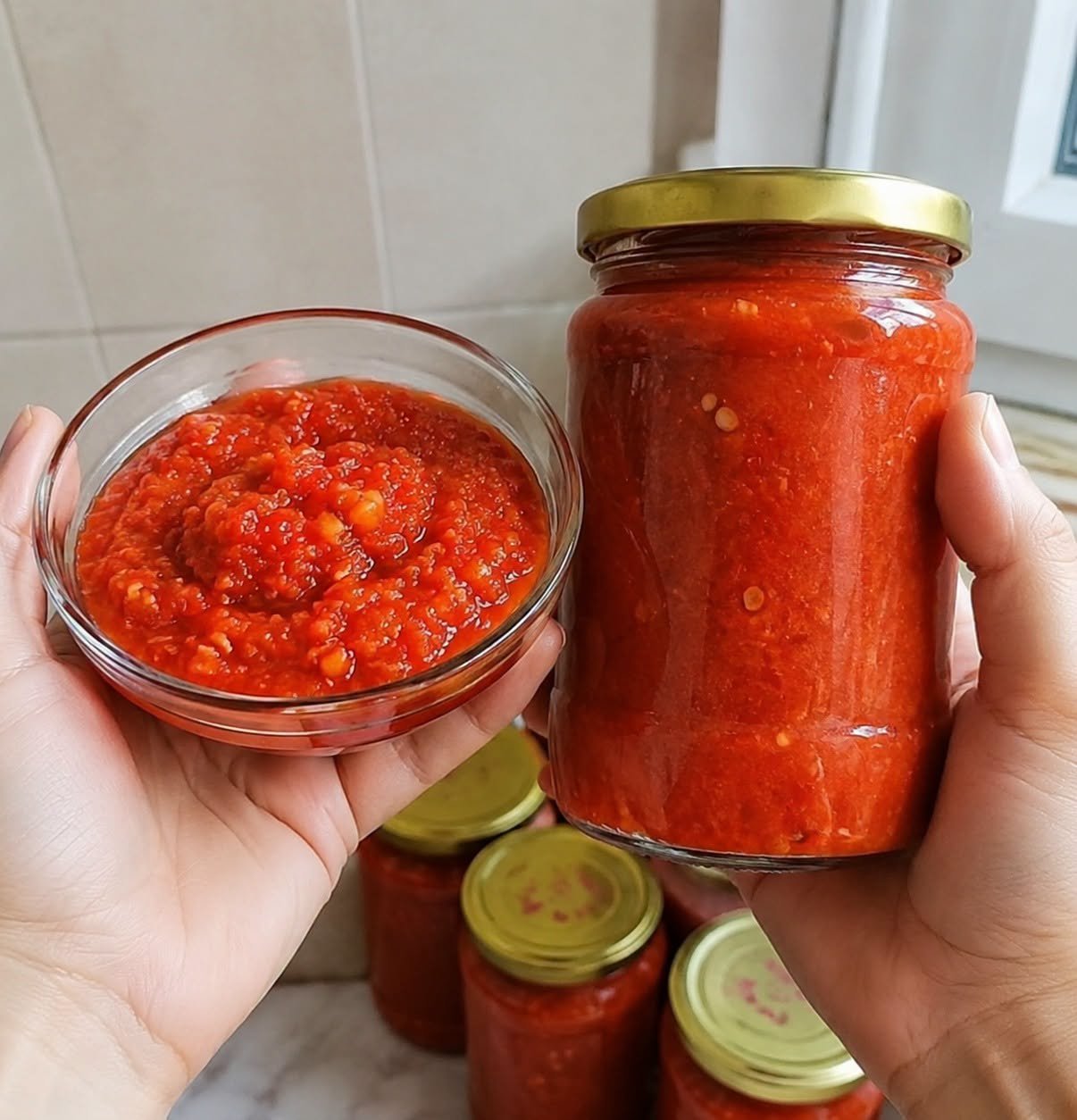 Naminė adžika žiemai su pomidorais, paprika, obuoliais ir česnaku