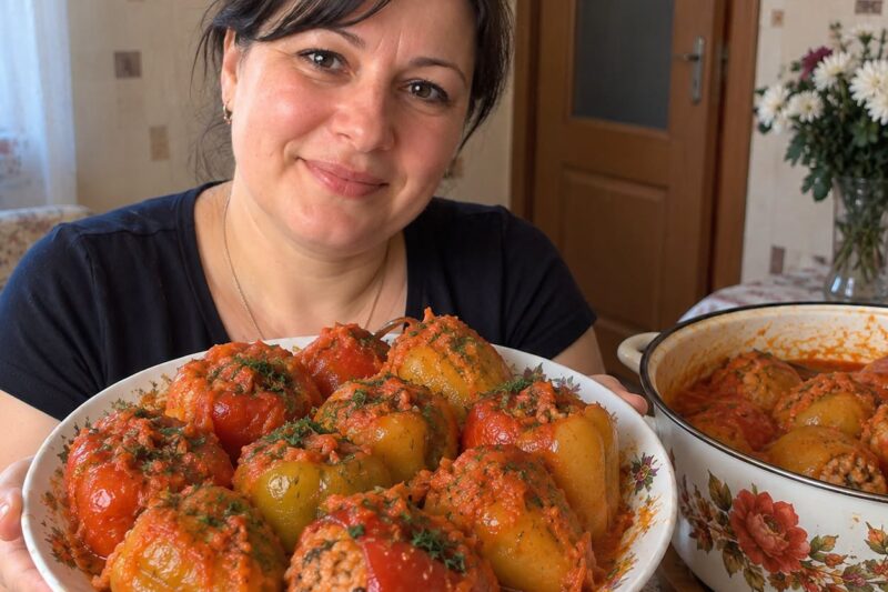Farširuotos paprikos su mėsa ir ryžiais pomidorų bei grietinės padaže