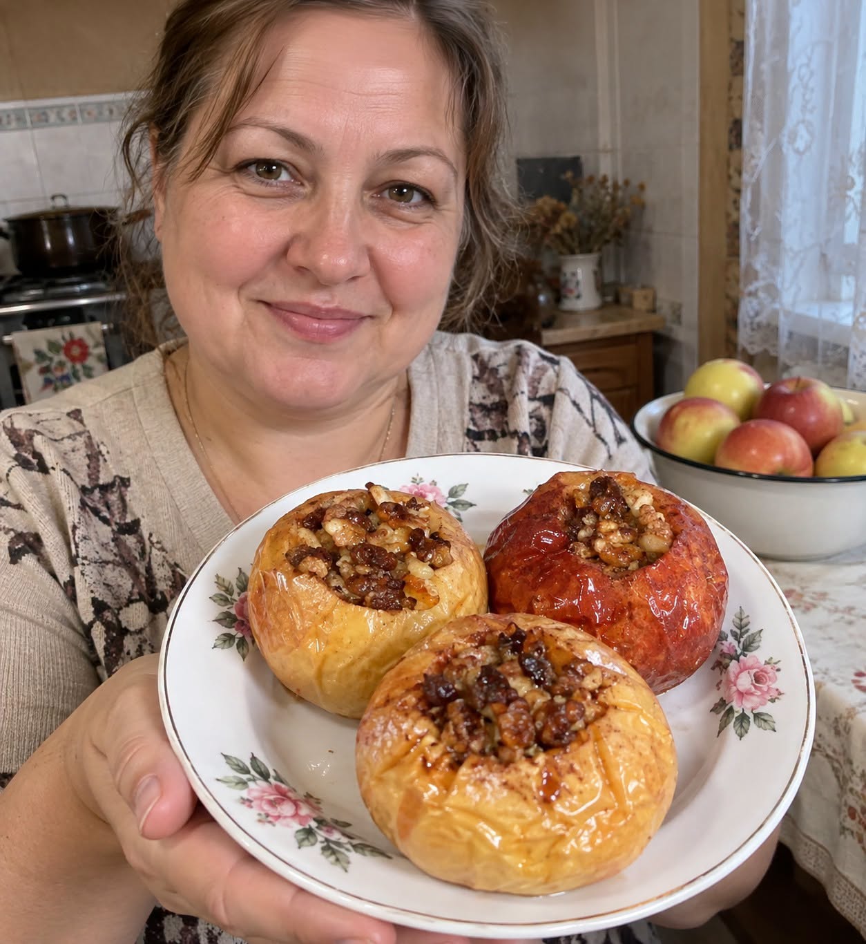 Kepti obuoliai su graikiniais riešutais, medumi ir cinamonu