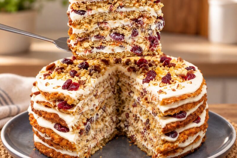 Obuolinis avižinis tortas keptuvėje su varškės kremu ir spanguolėmis