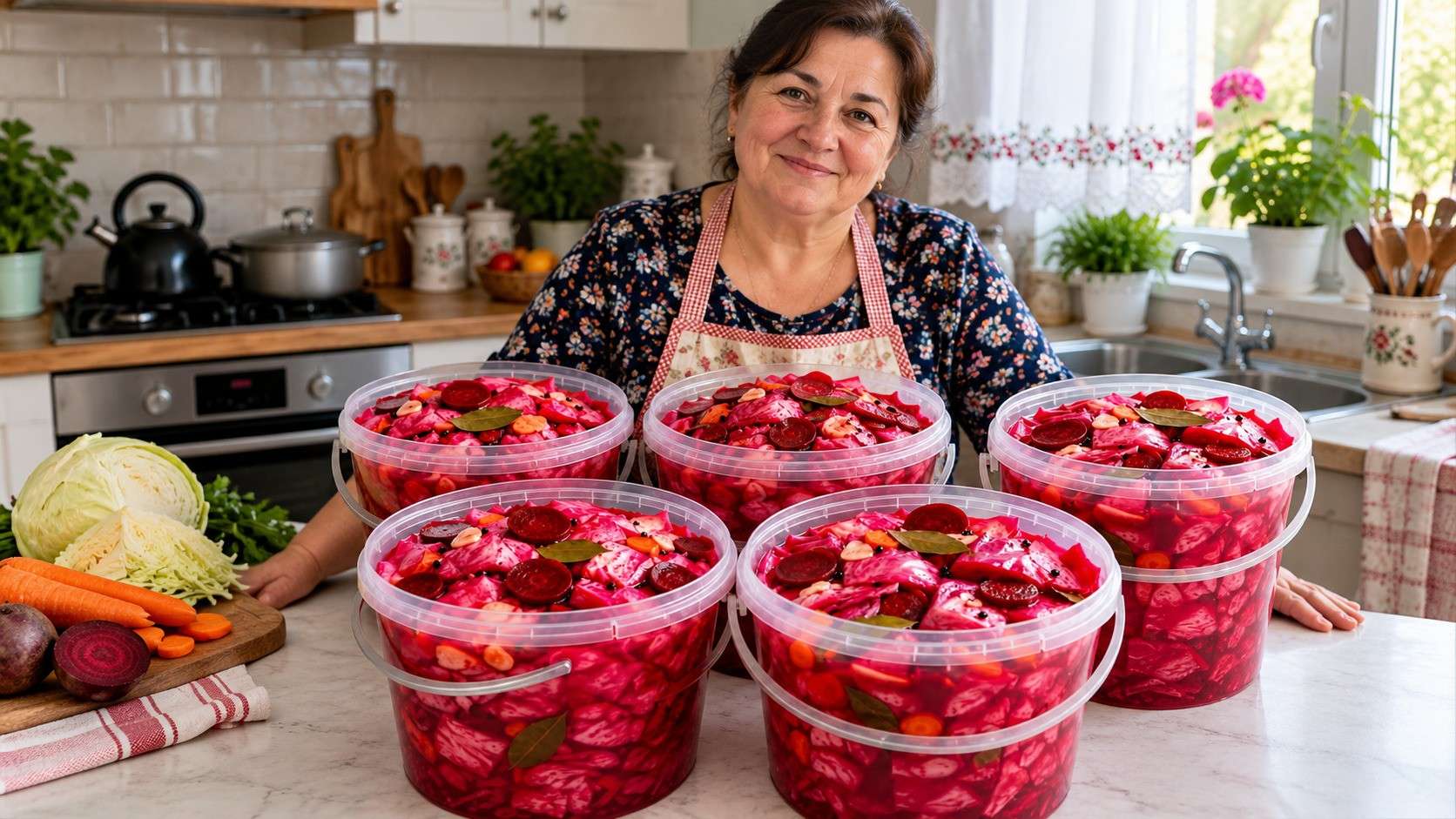 2,5 kg kopūstų pjaustau dideliais gabalais ir sluoksniuoju su burokėliais – po 2 dienų spalva tiesiog nuostabi