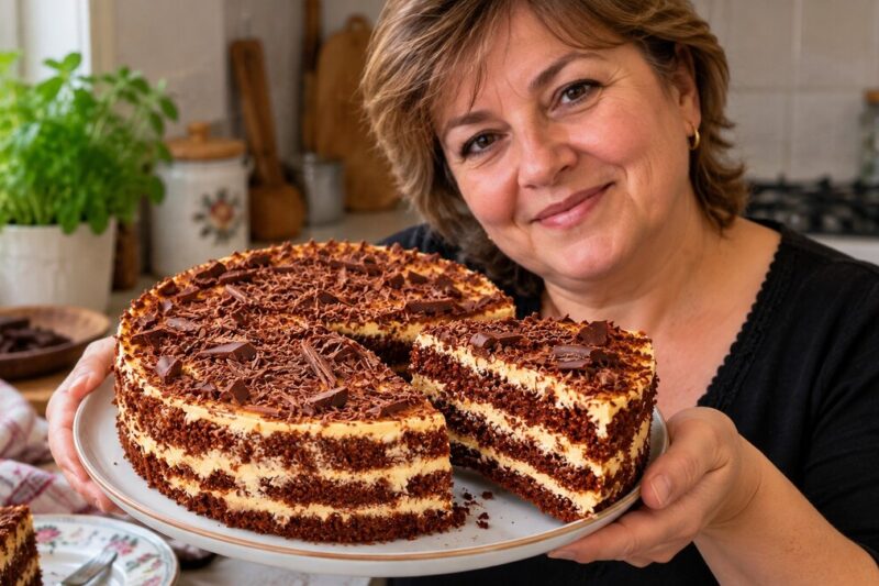Šokoladinis kefyro tortas su grietinės ir virinto sutirštinto pieno kremu
