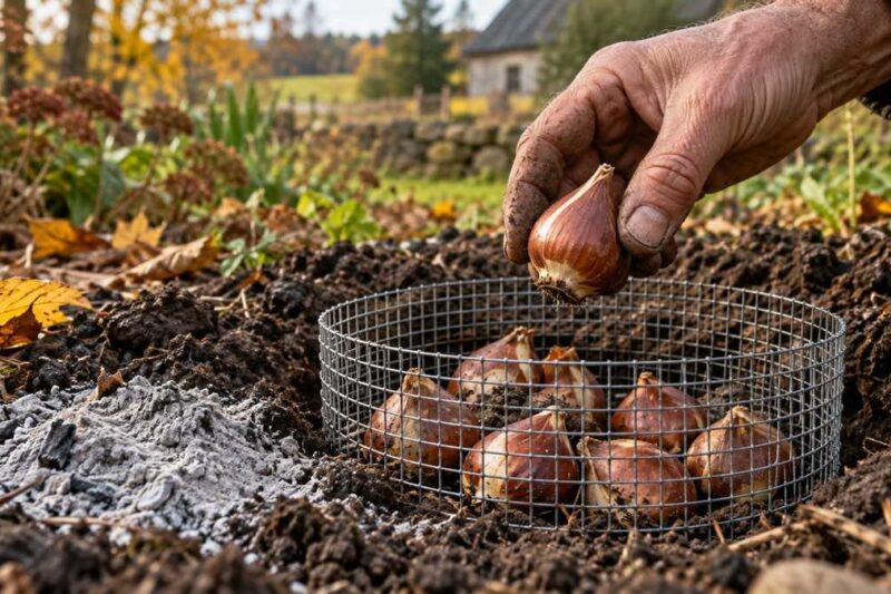 Tulpių svogūnėliai metalinio tinklo apsaugoje, šalia ant žemės paberta pelenų.