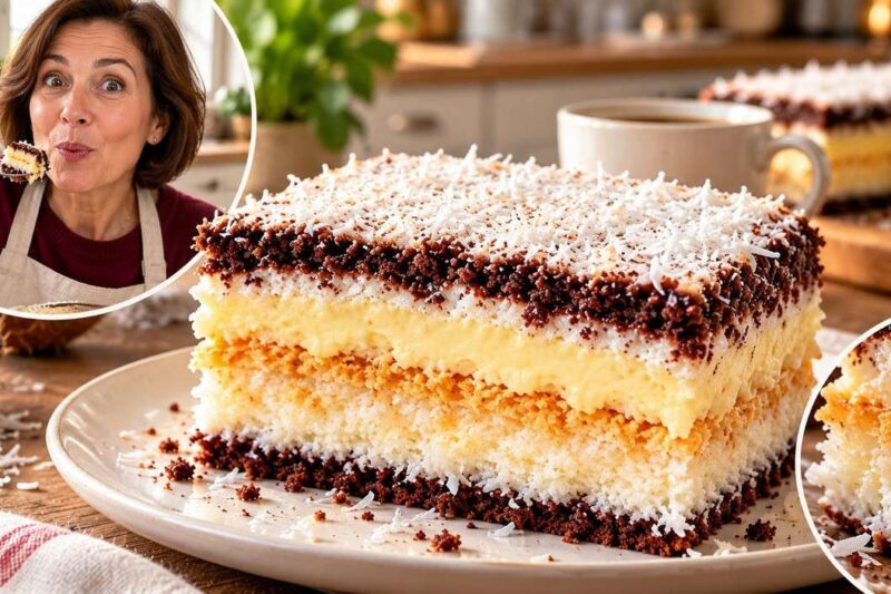 Tortas „Bounty“ su kokosų sluoksniu, plikytu kremu ir kreminiu sūriu
