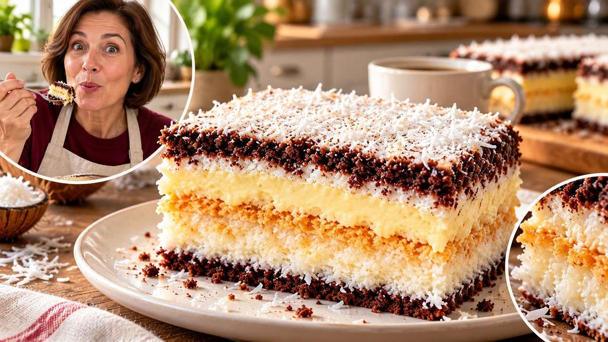 Du šokoladiniai lakštai, 250 g kokosų ir du kremai – perpjovus šį tortą sluoksniai kalba patys už save