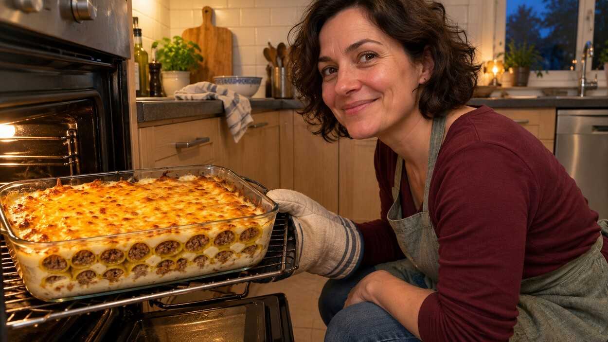 16 cannelloni pripildau žalio jautienos įdaro ir užpilu 600 ml pieno padažu – orkaitė padaro likusį darbą
