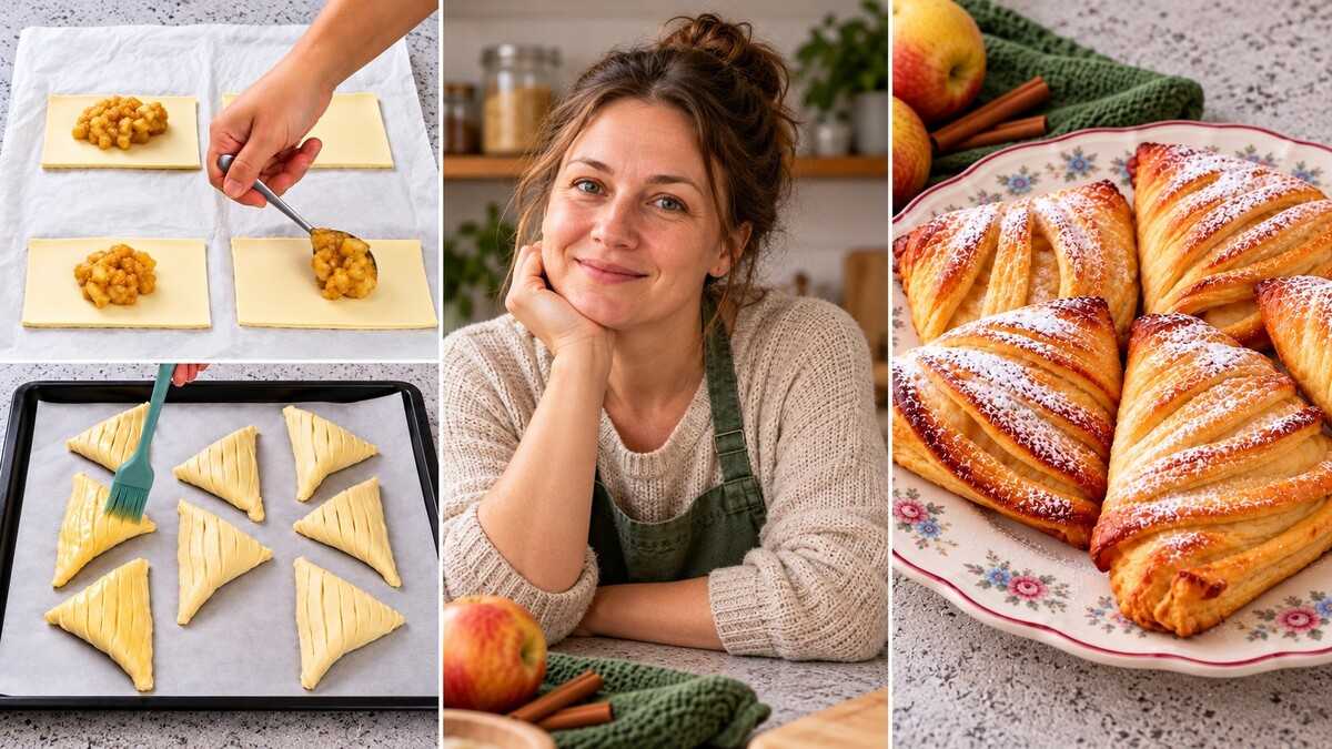Sluoksniuoti pyragėliai su obuoliais ir cinamonu: auksiniai trikampėliai su švelniu įdaru