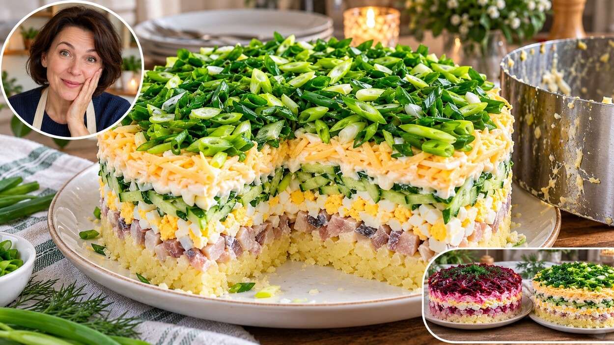 4 bulvės, 1 silkė ir 3 kiaušiniai – iš paprastų produktų surenku salotas, kurios ant stalo atrodo kaip tortas