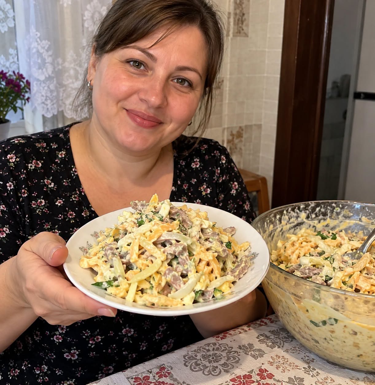 300 g rūkytos vištienos, agurkėliai ir sūris – sumaišau viename dubenyje, o sluoksnių visai nereikia
