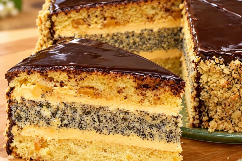 Tortas „Aguonų švelnumas“ su riešutais, plikytu kremu ir šokoladine glazūra