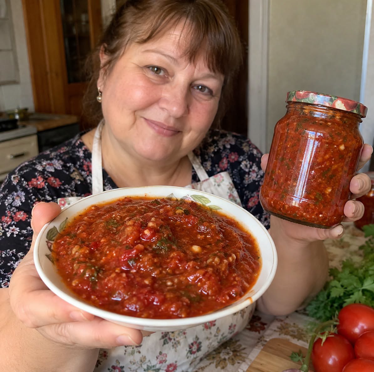 3 kg pomidorų, paprika, česnakas ir kalendra – verdu tol, kol puode lieka tirštas, kvapnus padažas