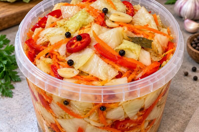 Greitai marinuoti kopūstai su morkomis, paprika, česnaku ir čili