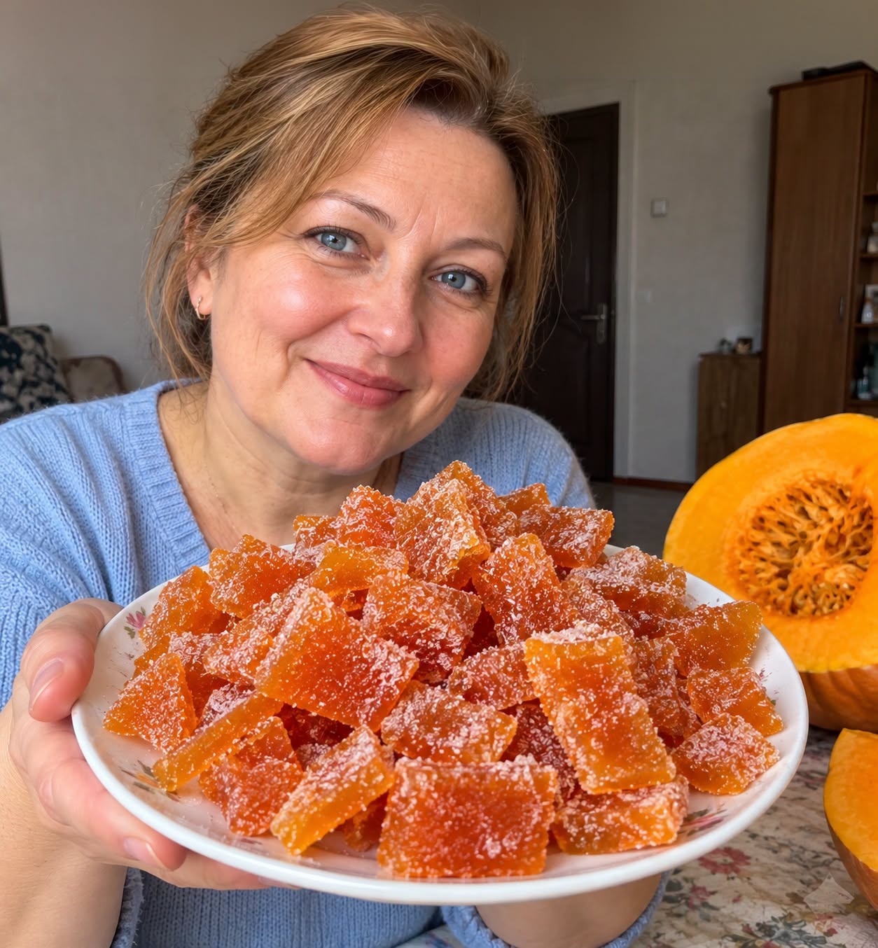 1 kg moliūgo, apelsinas ir citrina – iš šių produktų pagaminu gintarines cukatas prie arbatos