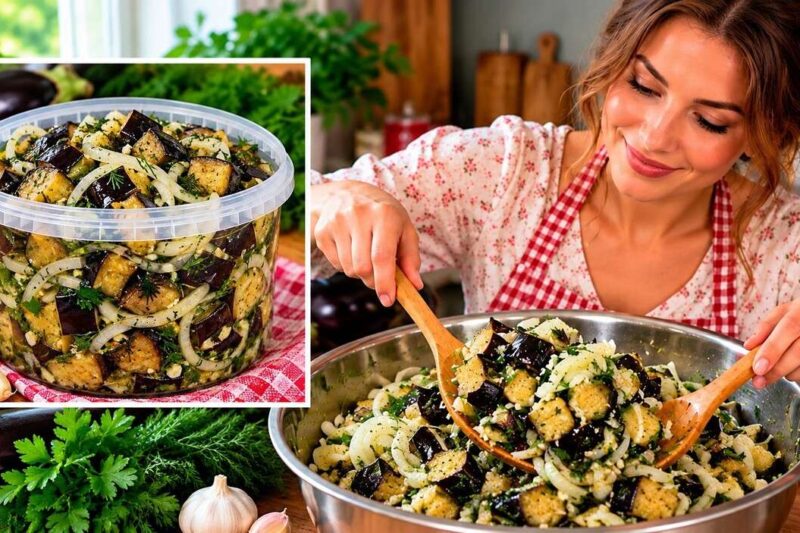 Marinuoti baklažanai „kaip grybukai“ su česnakais, svogūnais ir žalumynais