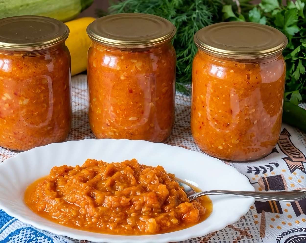 1 kg cukinijų sumalu su paprika ir troškinu 40–50 minučių – gaunasi tiršta adžika prie duonos ir mėsos