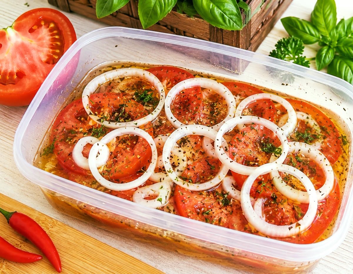 Pomidorus sudedu su svogūnais ir palieku 3 valandoms – o marinatas padaro visą darbą