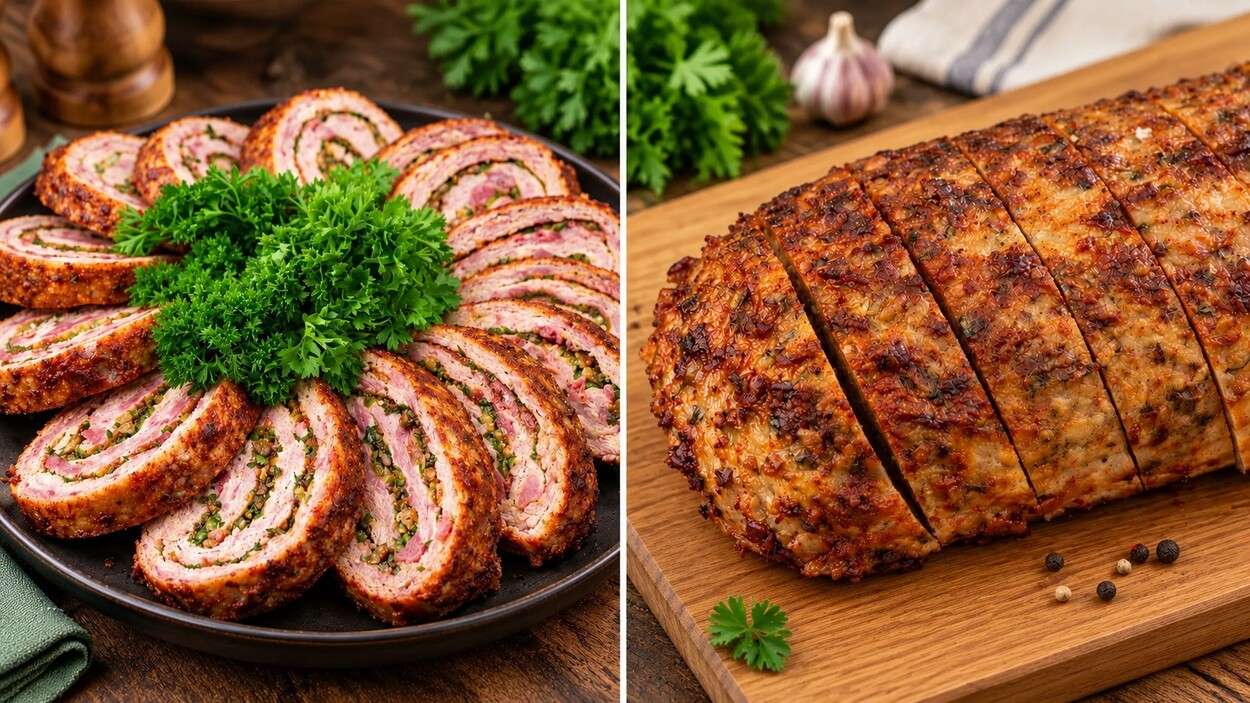 800 g faršo iškočioju 1 cm sluoksniu, dedu kumpį ir sūrį – supjausčius atrodo lyg šventinis patiekalas