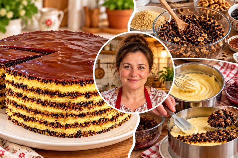 Nekeptas tortas su riešutais, slyvomis, virtu kremu ir vyšnių džemu