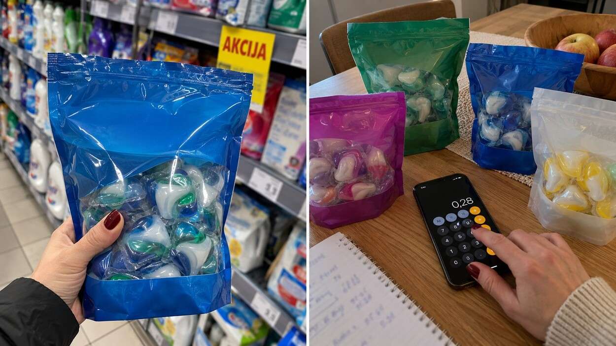 Skalbimo kapsules pirkau tik per akciją, kol perskaičiavau vieno skalbimo kainą: skirtumas pasiekė daugiau nei 2 kartus