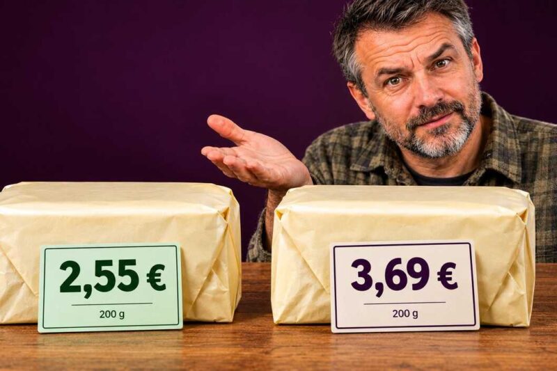 Du vienodi 200 g sviesto pakeliai su 2,55 ir 3,69 euro kainomis bei nustebusiu vyru