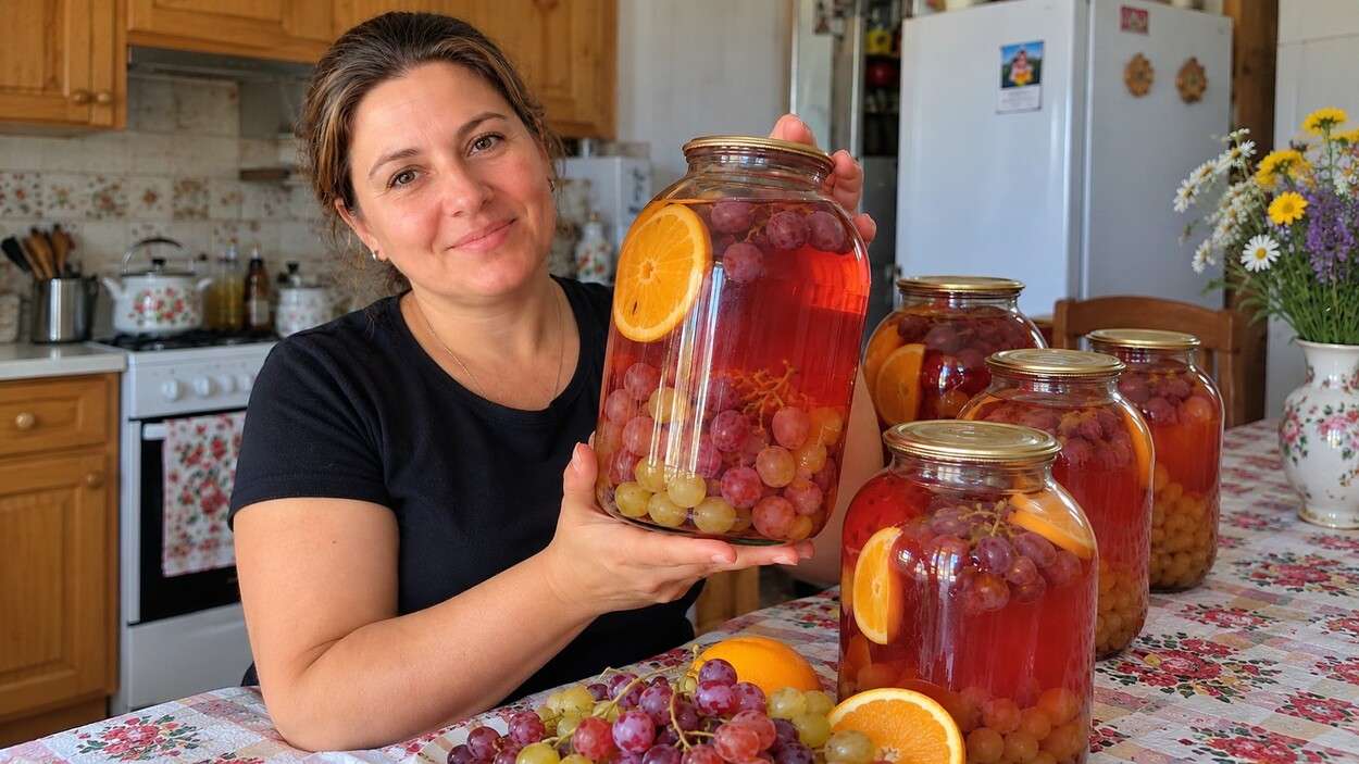 Į vynuogių kompotą įdedu vos kelis apelsino griežinėlius – žiemą 3 litrų stiklainis dingsta per vakarą
